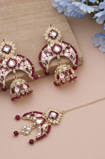 Maroon color meena work kundan earrings tikka set