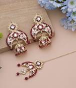 Maroon color meena work kundan earrings tikka set