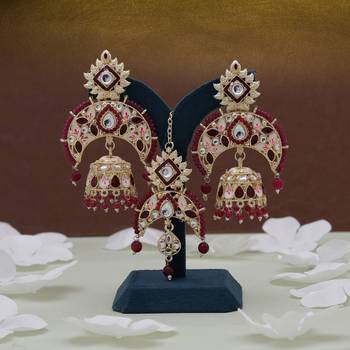Maroon color meena work kundan earrings tikka set 2