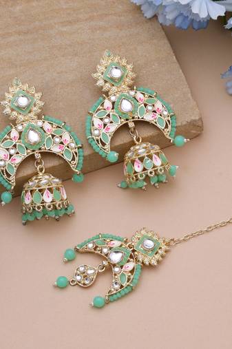 Parrot green color meena work kundan earrings tikka set