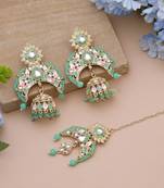 Parrot green color meena work kundan earrings tikka set