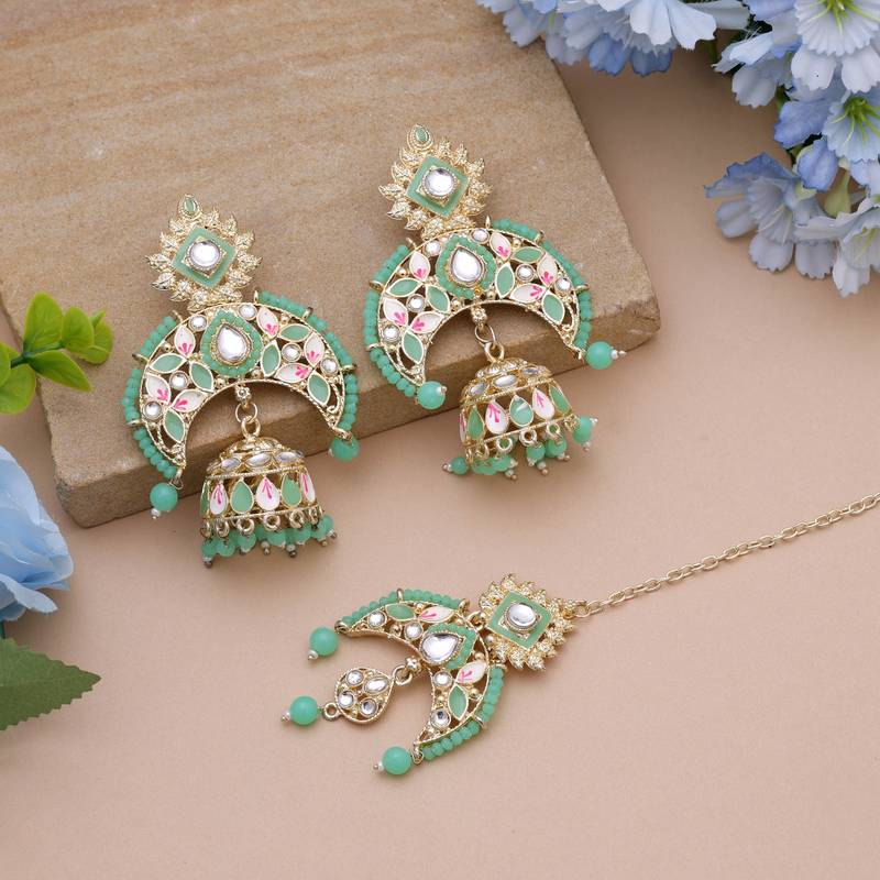 Parrot green color meena work kundan earrings tikka set
