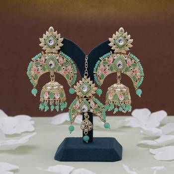 Parrot green color meena work kundan earrings tikka set 2