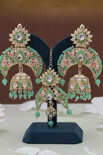 Parrot green color meena work kundan earrings tikka set