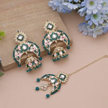 Green color meena work kundan earrings tikka set 1