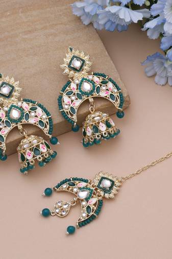 Green color meena work kundan earrings tikka set