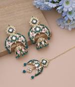 Green color meena work kundan earrings tikka set