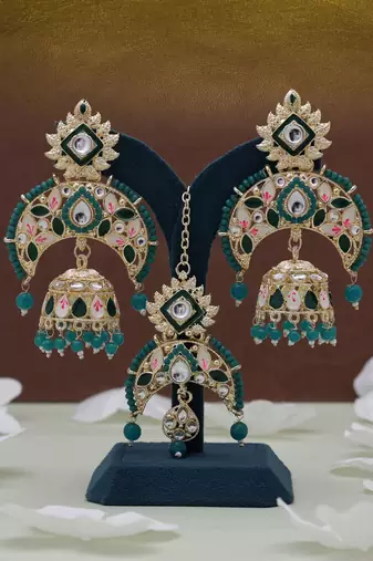 Green color meena work kundan earrings tikka set