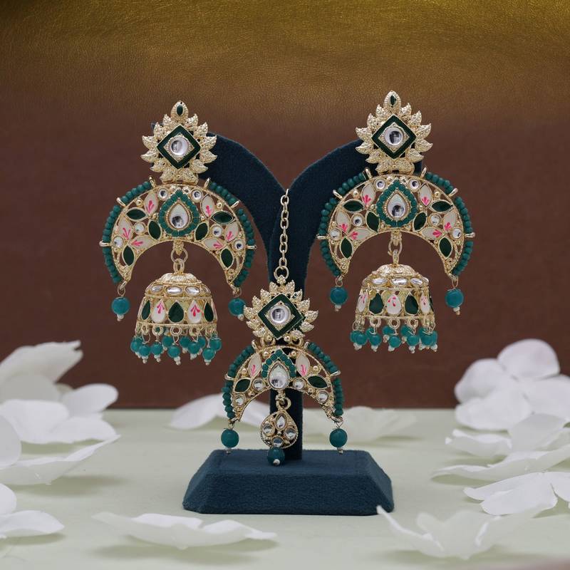 Green color meena work kundan earrings tikka set