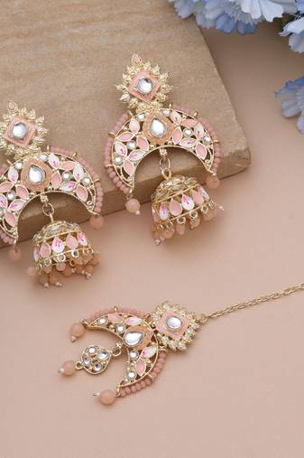 Peach color meena work kundan earrings tikka set