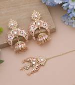 Peach color meena work kundan earrings tikka set