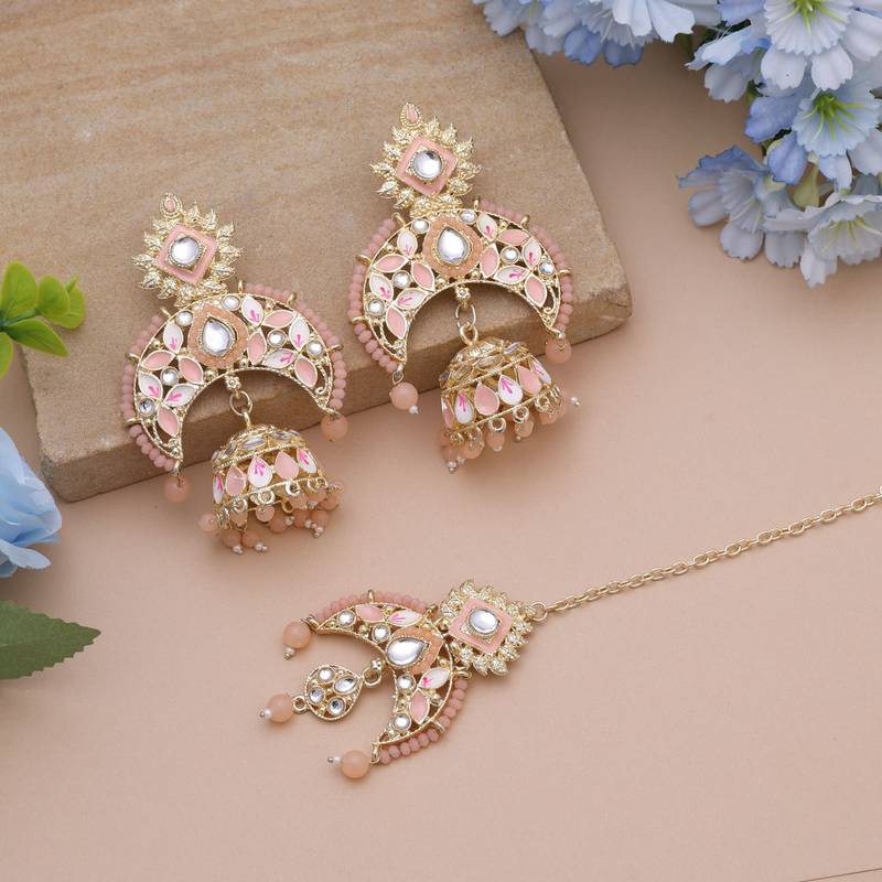 Peach color meena work kundan earrings tikka set