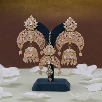 Peach color meena work kundan earrings tikka set 2