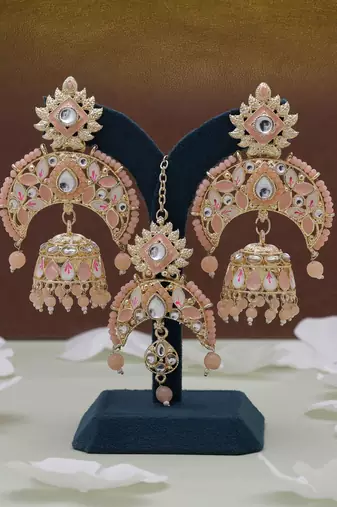 Peach color meena work kundan earrings tikka set