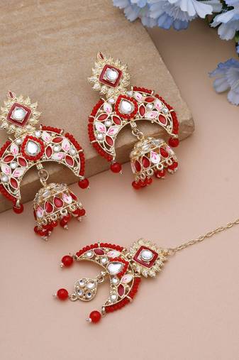Red color meena work kundan earrings tikka set