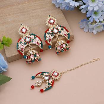 Red & green color meena work kundan earrings tikka set 1