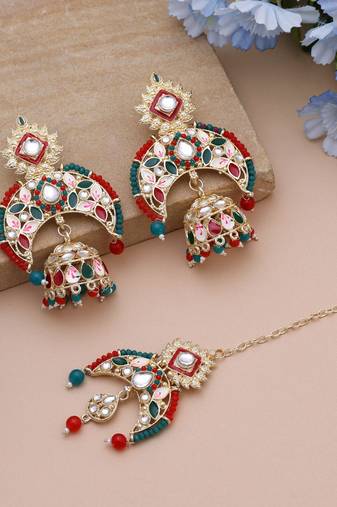 Red & green color meena work kundan earrings tikka set