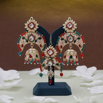Red & green color meena work kundan earrings tikka set 2