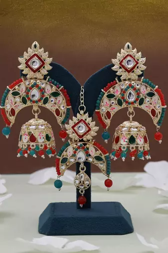 Red & green color meena work kundan earrings tikka set