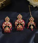 Rani color meena work kundan earrings tikka set