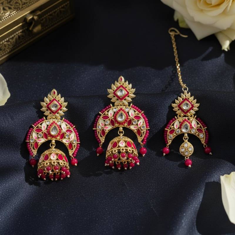 Rani color meena work kundan earrings tikka set
