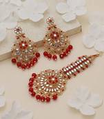 Red color kundan earrings tikka set