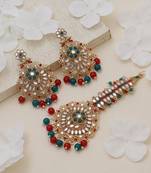 Red & green color kundan earrings tikka set
