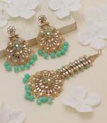 Parrot green color kundan earrings tikka set