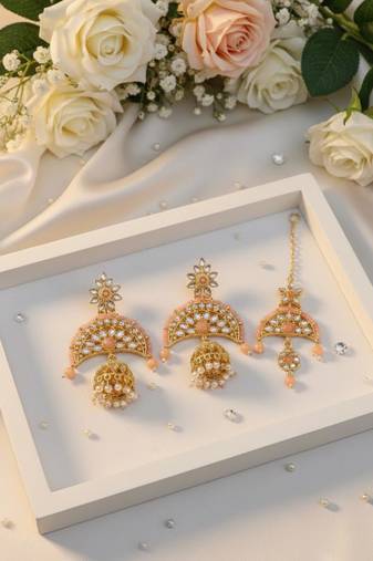 Peach color kundan earrings tikka set