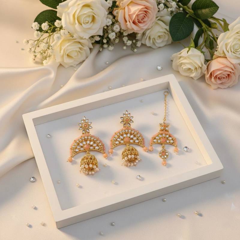 Peach color kundan earrings tikka set