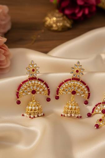 Magenta color kundan earrings tikka set