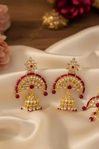 Magenta color kundan earrings tikka set