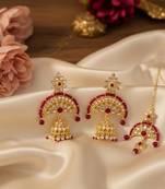 Magenta color kundan earrings tikka set