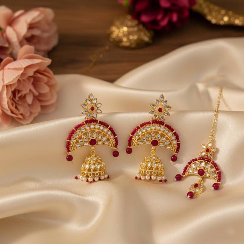 Magenta color kundan earrings tikka set