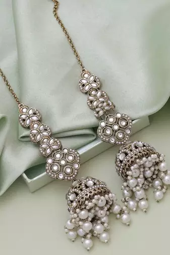 White color big size jhumka kundan earrings