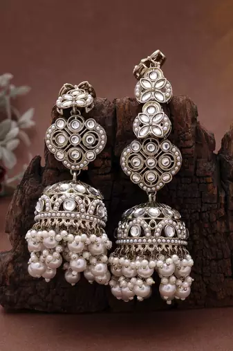 White color big size jhumka kundan earrings