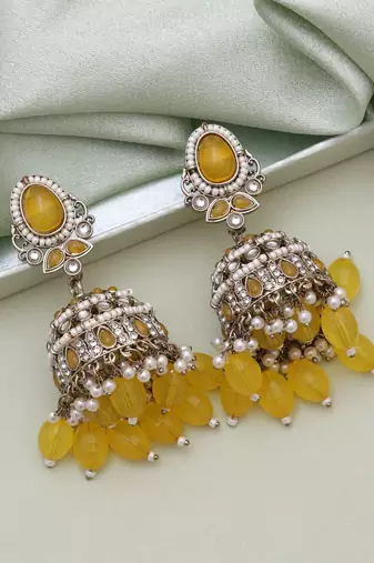 Yellow color kundan earrings