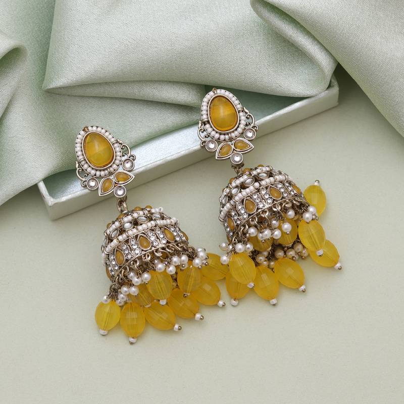 Yellow color kundan earrings