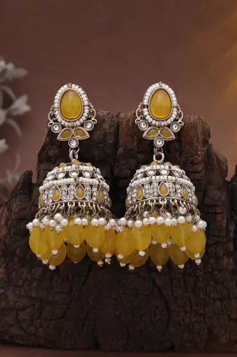 Yellow color kundan earrings