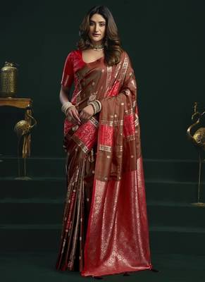 red & brown soft silk with fancy pumpum saree 1