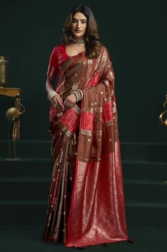 red & brown soft silk with fancy pumpum saree