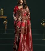 red & brown soft silk with fancy pumpum saree