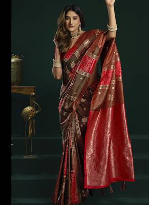 red & brown soft silk with fancy pumpum saree 2