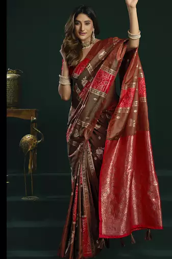 red & brown soft silk with fancy pumpum saree