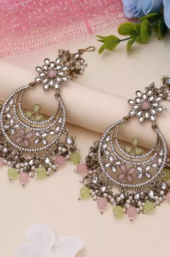 Pink & pista green color kundan earrings