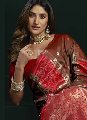 red & brown soft silk with fancy pumpum saree 3