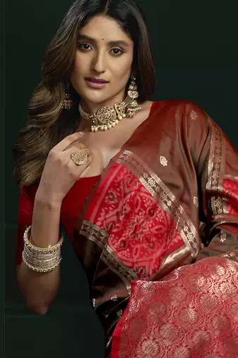 red & brown soft silk with fancy pumpum saree