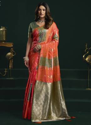 orange & olive soft silk with fancy pumpum saree 1