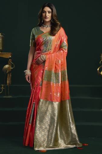 orange & olive soft silk with fancy pumpum saree