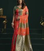 orange & olive soft silk with fancy pumpum saree